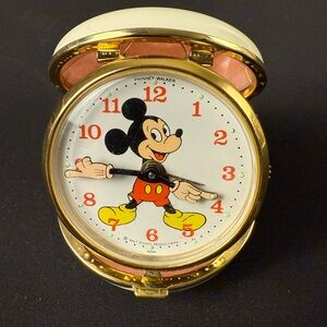 VTG Phinney-Walker Mickey Mouse Travel Alarm Clock Japan Made WORKS Great.